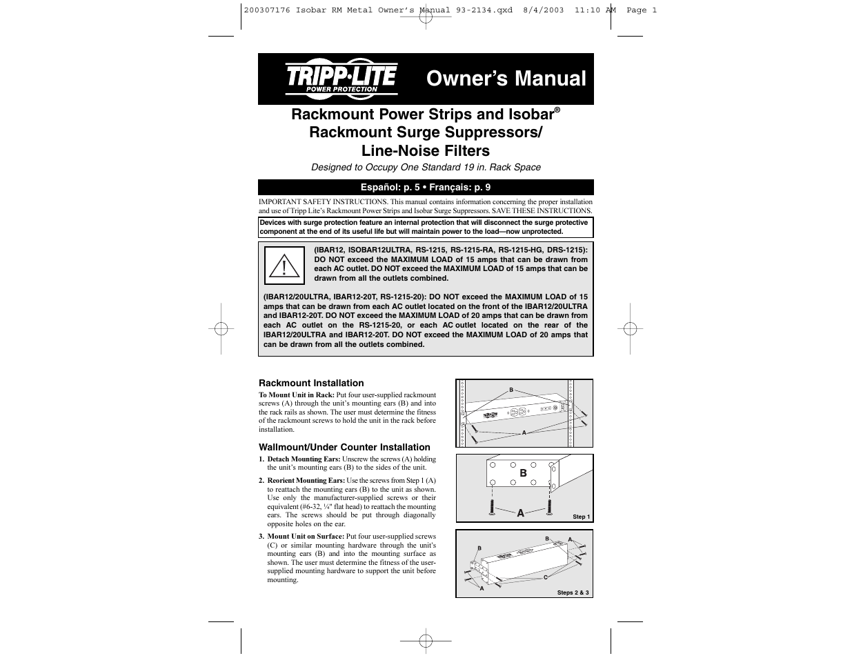 Tripp Lite Rackmount Surge Suppressor/Line-Noise Filter User Manual | 3 pages