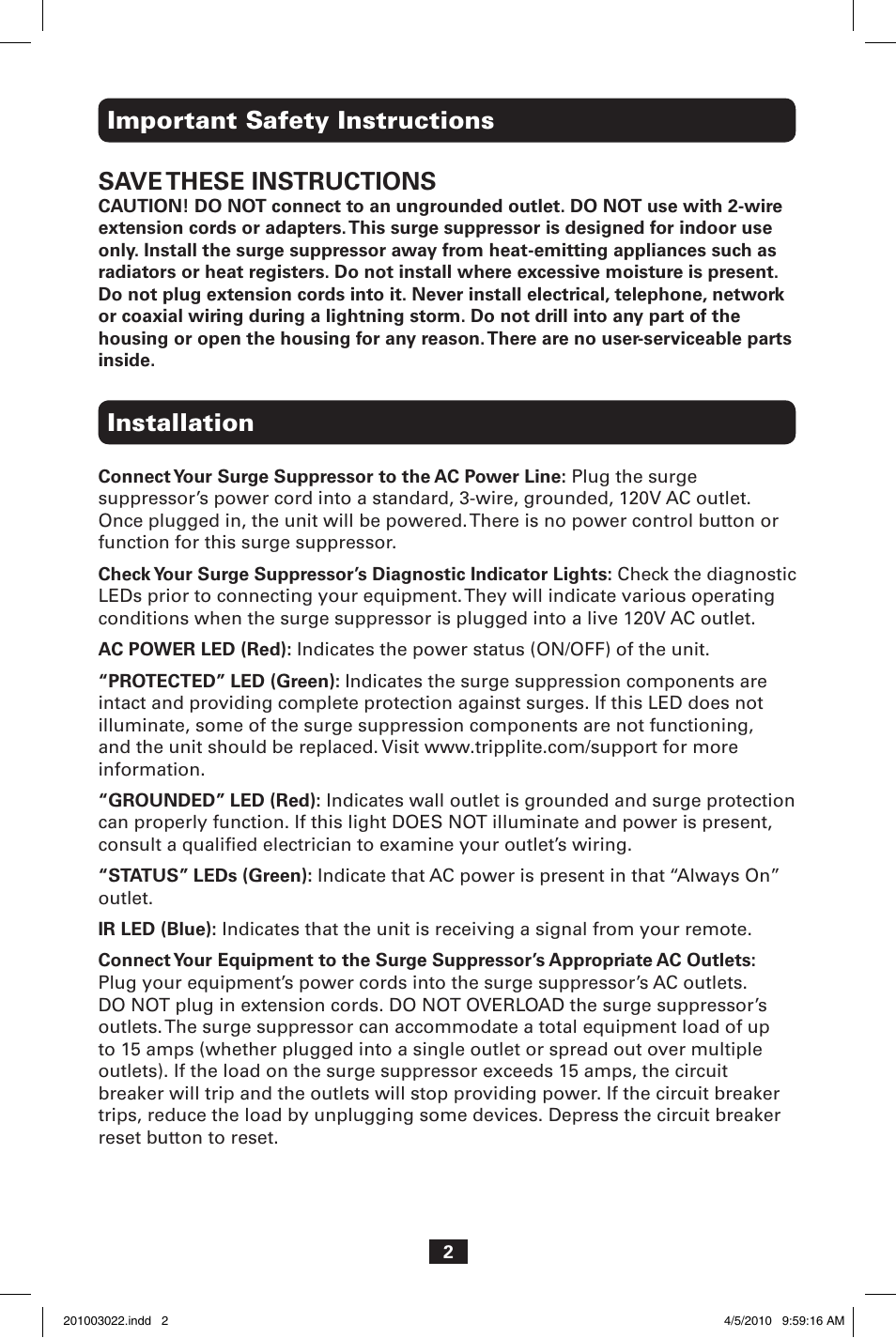 Tripp Lite ECO-SURGE AV10IRG User Manual | Page 2 / 8