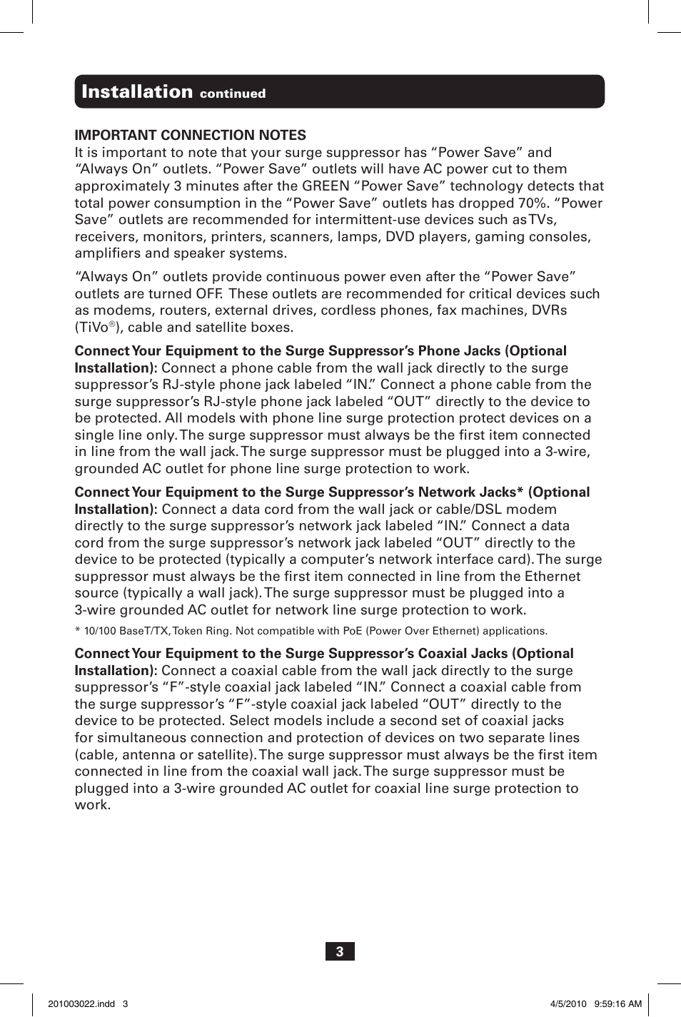 Installation | Tripp Lite ECO-SURGE AV10IRG User Manual | Page 3 / 8