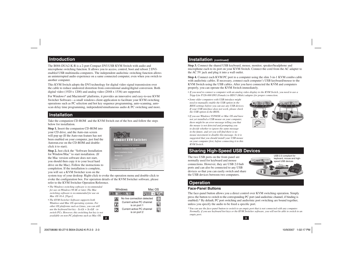 Introduction, Installation sharing high-speed usb devices, Operation | Installation | Tripp Lite B004-DUA2-K-R User Manual | Page 2 / 7