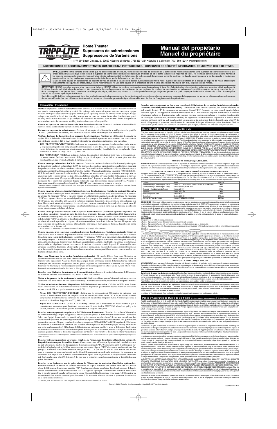 Manual del propietario manuel du propriétaire | Tripp Lite 93-2674 User Manual | Page 2 / 2