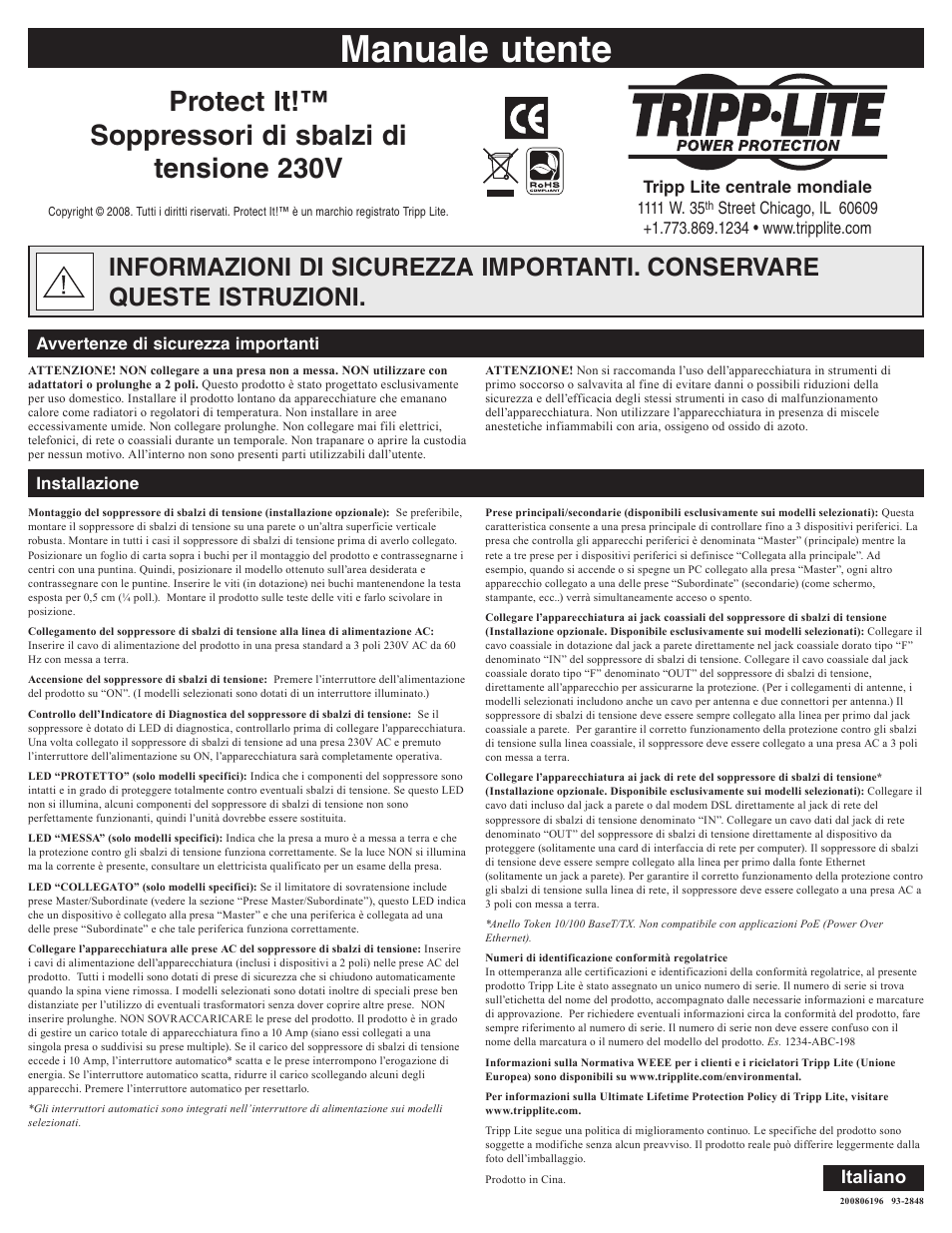 Manuale utente, Italian, Italiano | Installazione avvertenze di sicurezza importanti | Tripp Lite Protect It! User Manual | Page 10 / 10