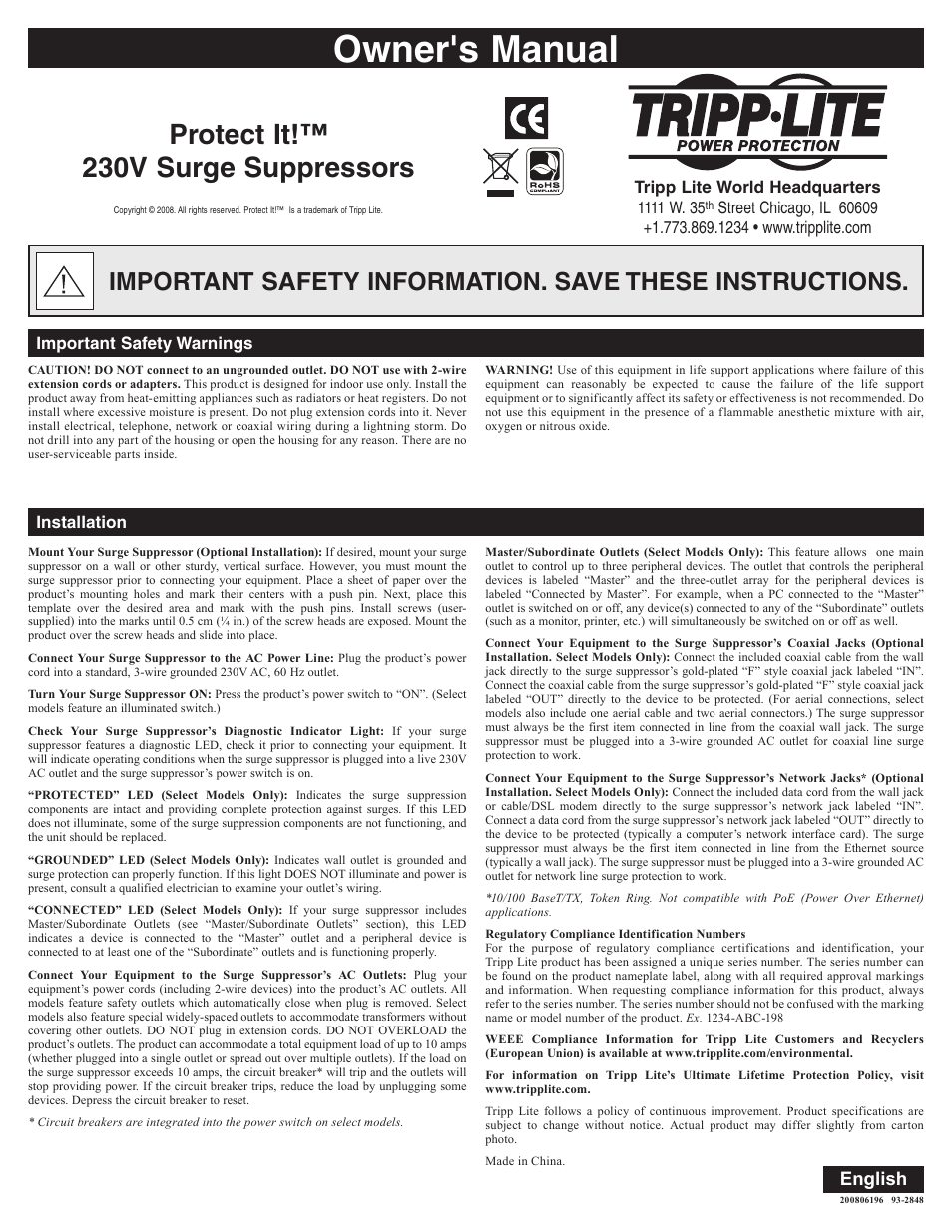 Owner's manual, Protect it!™ 230v surge suppressors, English | Installation important safety warnings | Tripp Lite Protect It! User Manual | Page 2 / 10