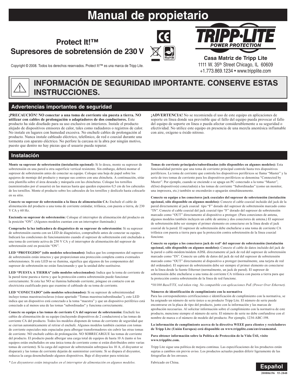 Manual de propietario, Español, Protect it!™ supresores de sobretensión de 230 v | Instalación advertencias importantes de seguridad | Tripp Lite Protect It! User Manual | Page 3 / 10