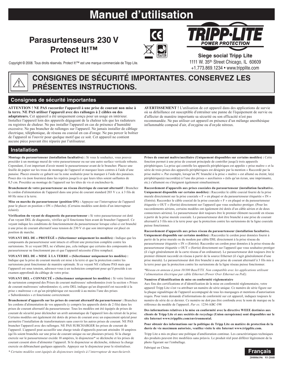 Manuel d’utilisation, Parasurtenseurs 230 v protect it, Français | Installation consignes de sécurité importantes | Tripp Lite Protect It! User Manual | Page 4 / 10