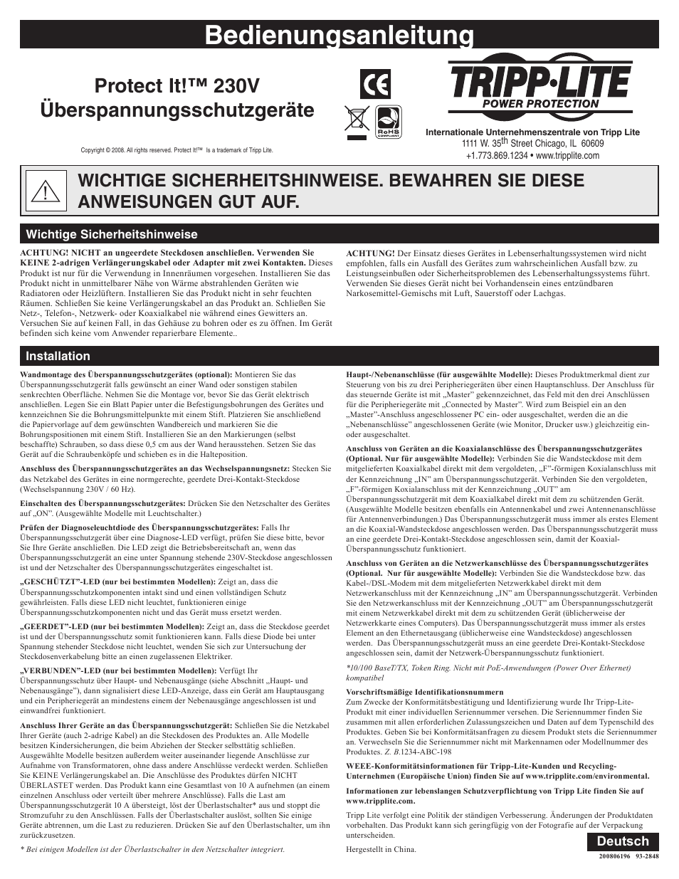 Bedienungsanleitung, Protect it!™ 230v überspannungsschutzgeräte, German | Deutsch, Installation wichtige sicherheitshinweise | Tripp Lite Protect It! User Manual | Page 6 / 10