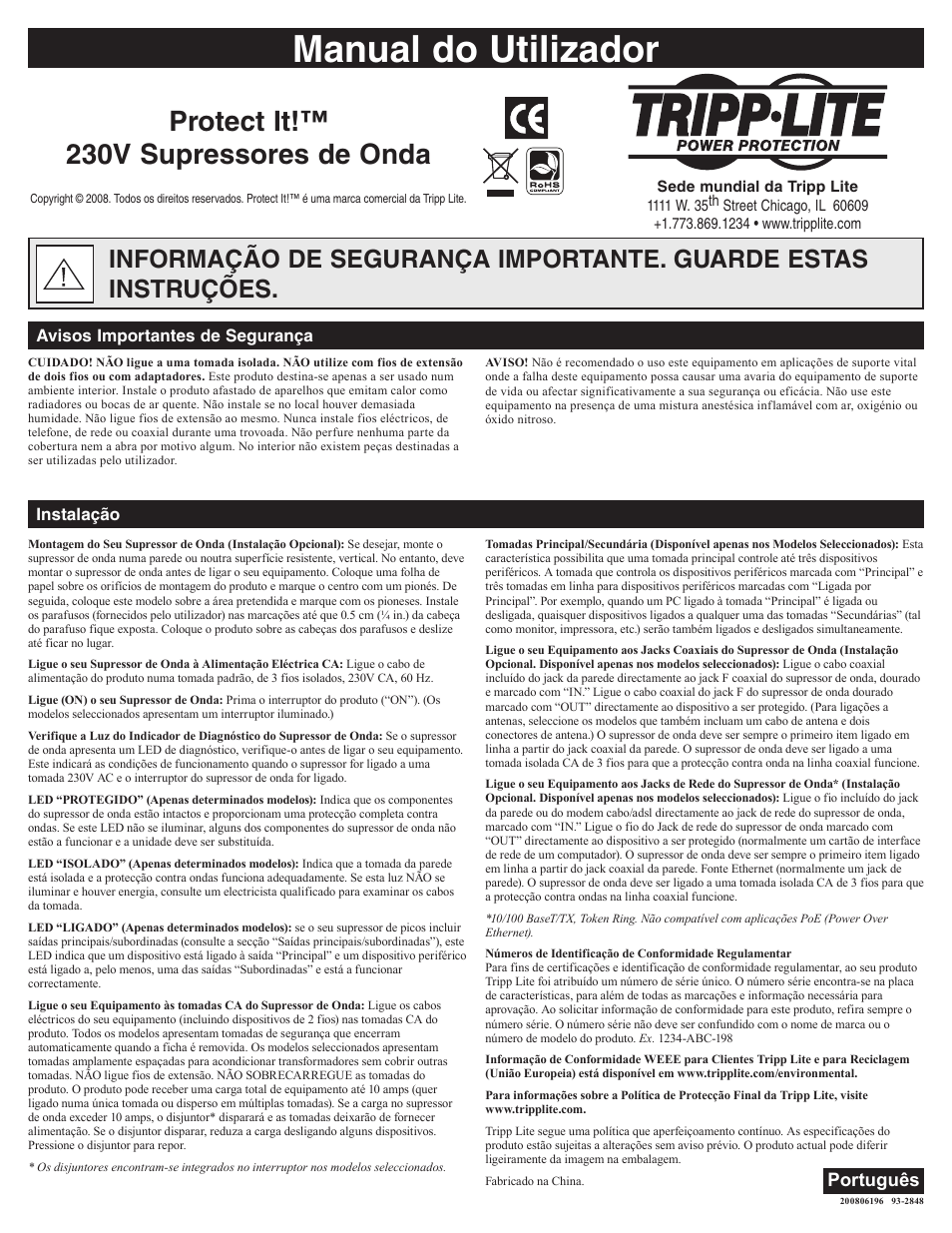 Manual do utilizador, Protect it!™ 230v supressores de onda, Portuguese | Português, Instalação avisos importantes de segurança | Tripp Lite Protect It! User Manual | Page 7 / 10