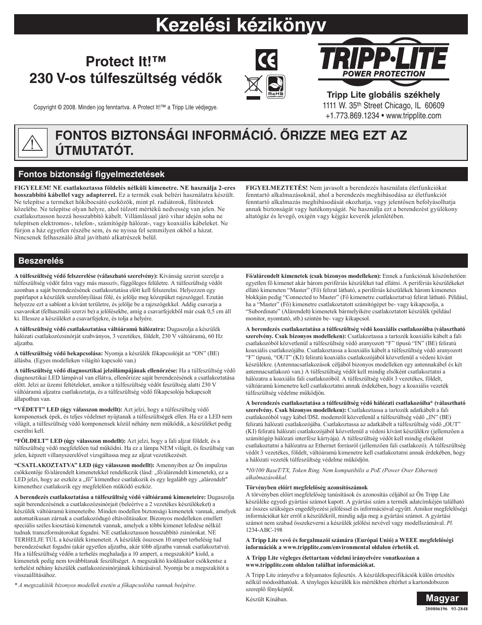 Kezelési kézikönyv, Protect it!™ 230 v-os túlfeszültség véd ők, Hungarian | Magyar | Tripp Lite Protect It! User Manual | Page 8 / 10