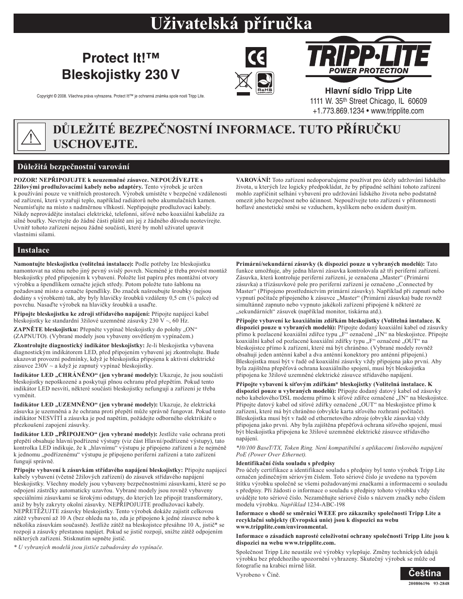 Uživatelská příručka, Protect it!™ bleskojistky 230 v, Czech | Čeština, Instalace důležitá bezpečnostní varování | Tripp Lite Protect It! User Manual | Page 9 / 10