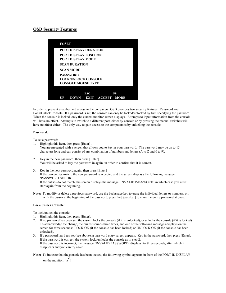 Osd security features, Up down exit accept more | Tripp Lite KVM B005-008 User Manual | Page 14 / 45