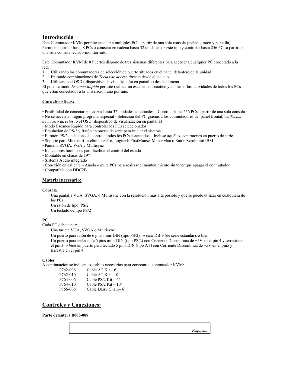 Introducción, Controles y conexiones, Esquema | Tripp Lite KVM B005-008 User Manual | Page 19 / 45