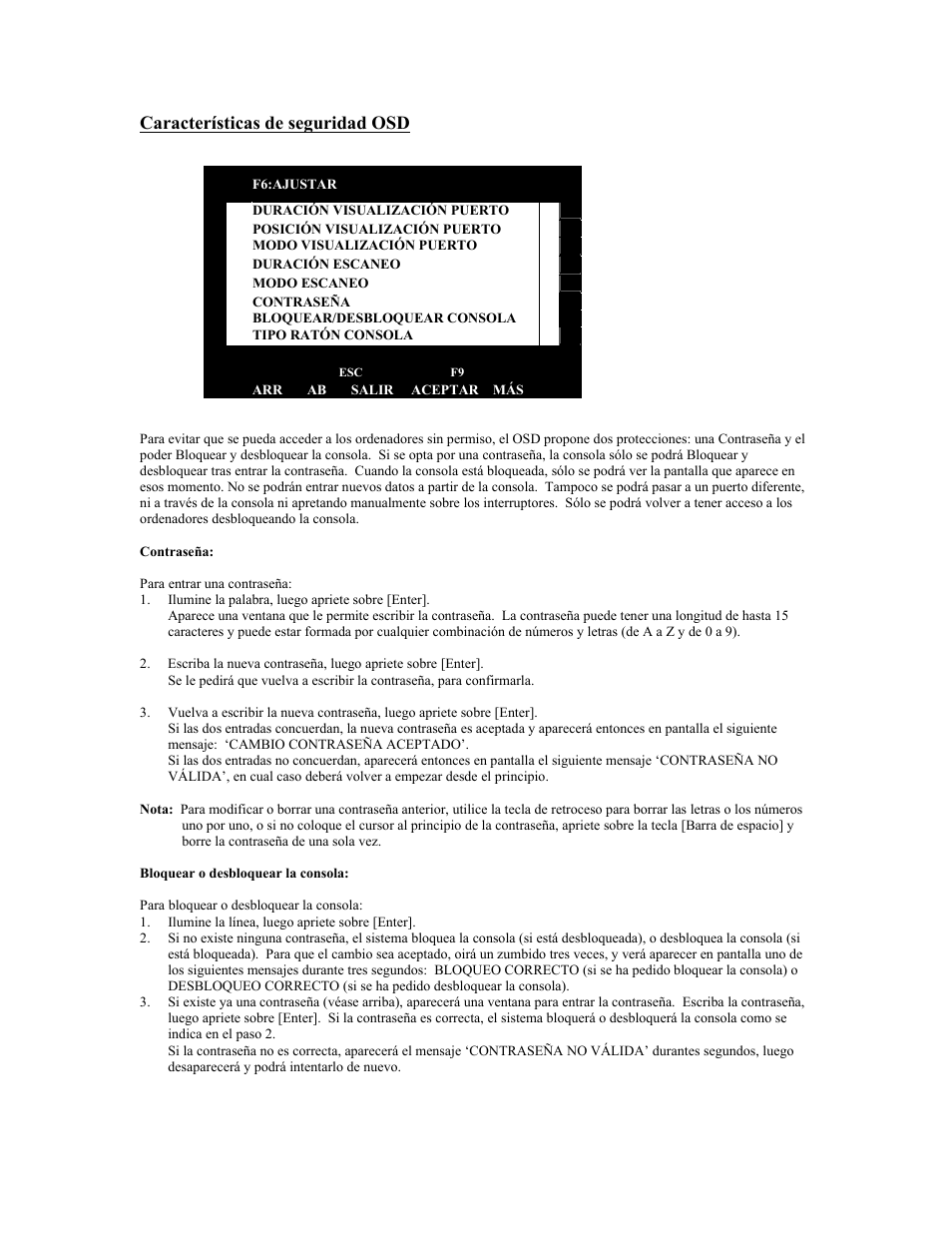 Características de seguridad osd, Arr ab salir aceptar más | Tripp Lite KVM B005-008 User Manual | Page 28 / 45