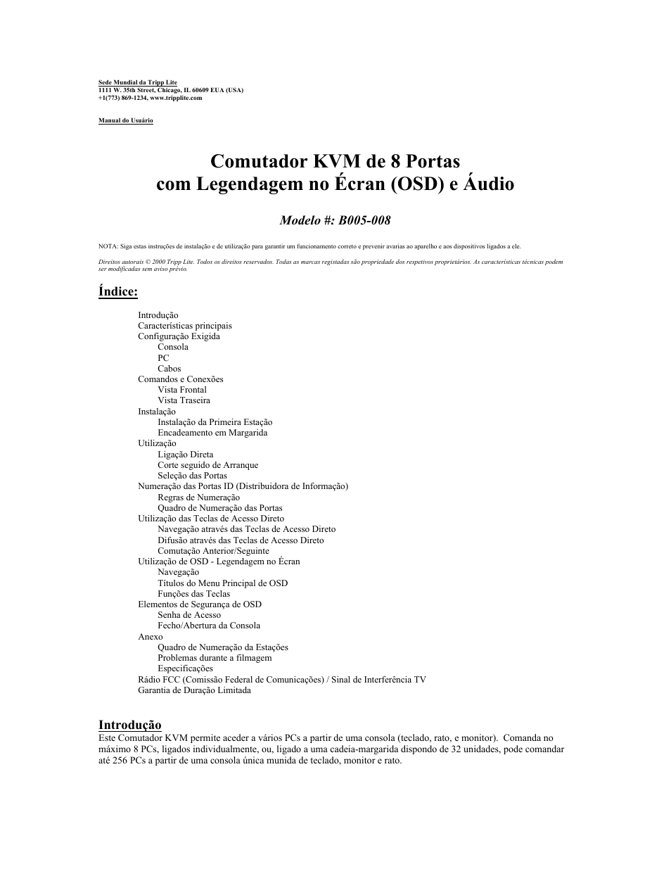 Manual do usuário, Comutador kvm de 8 portas, Introdução | Índice | Tripp Lite KVM B005-008 User Manual | Page 32 / 45