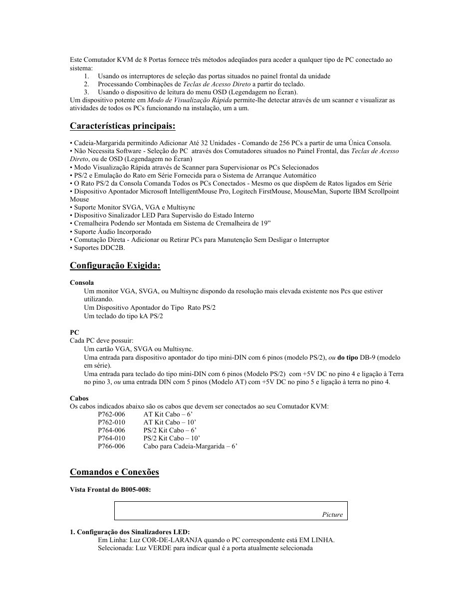 Comandos e conexões, Picture, Características principais | Configuração exigida | Tripp Lite KVM B005-008 User Manual | Page 33 / 45