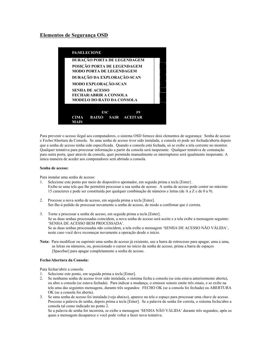 Elementos de segurança osd, Cima baixo sair aceitar mais | Tripp Lite KVM B005-008 User Manual | Page 42 / 45