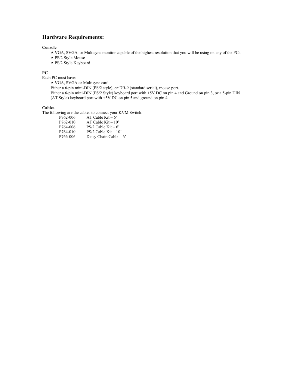 Hardware requirements | Tripp Lite KVM B005-008 User Manual | Page 5 / 45