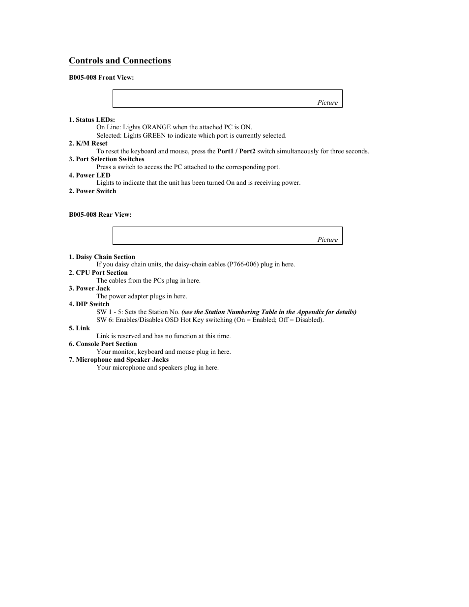 Controls and connections, Picture | Tripp Lite KVM B005-008 User Manual | Page 6 / 45