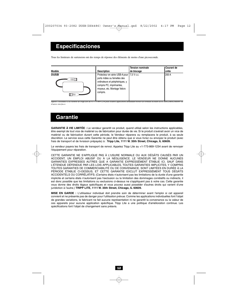Garantie, Especificaciones | Tripp Lite DHUB-18V DHUB User Manual | Page 12 / 12