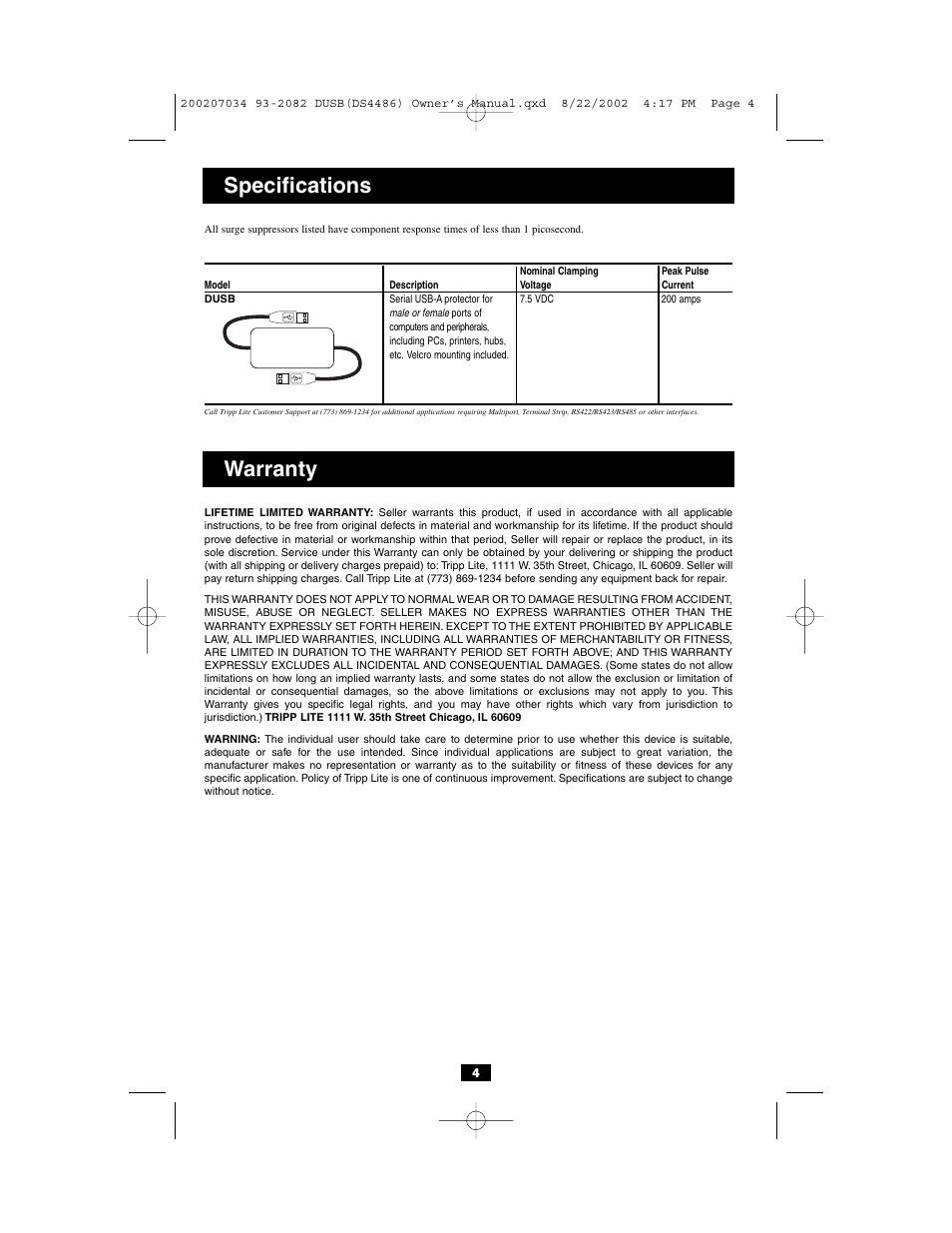 Warranty, Specifications | Tripp Lite DHUB-18V DHUB User Manual | Page 4 / 12