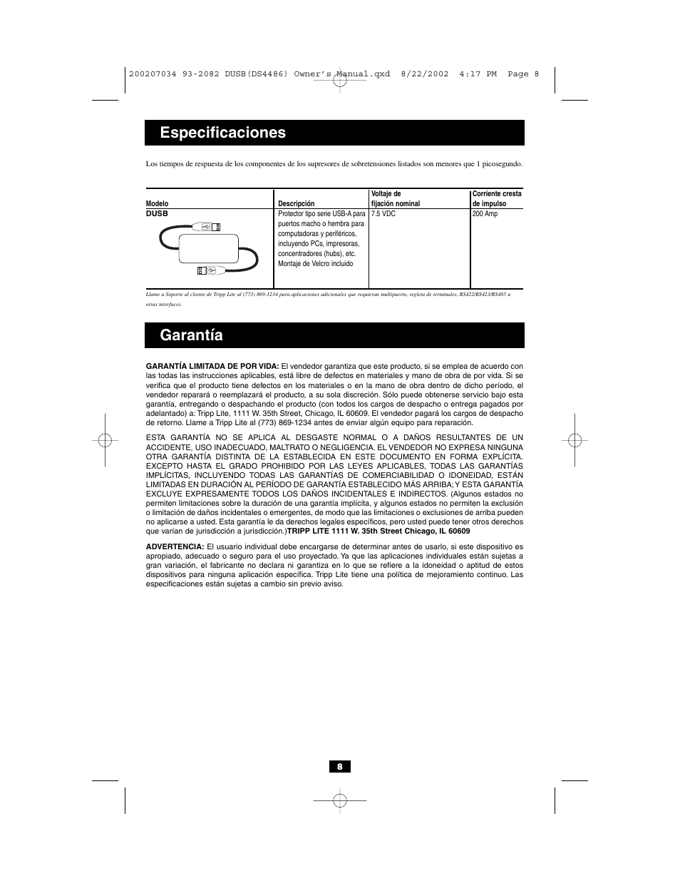 Garantía, Especificaciones | Tripp Lite DHUB-18V DHUB User Manual | Page 8 / 12