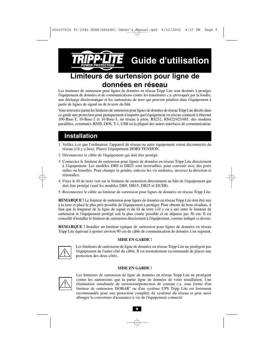 Guide d'utilisation, Installation | Tripp Lite DHUB-18V DHUB User Manual | Page 9 / 12