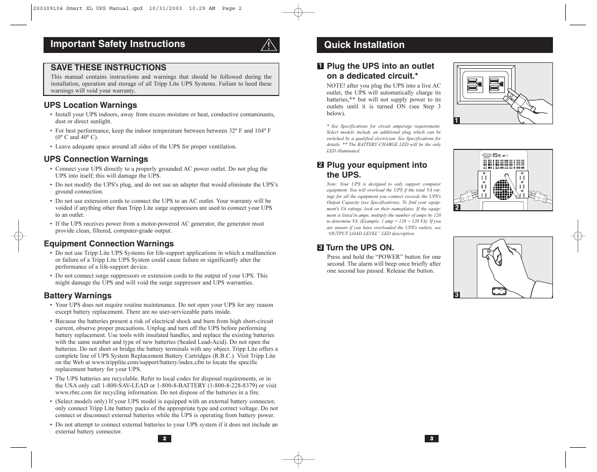 Important safety instructions, Quick installation | Tripp Lite UL1778 User Manual | Page 2 / 6