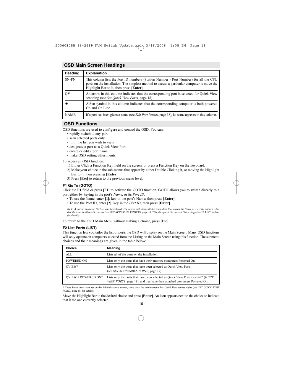 Osd functions, Osd main screen headings | Tripp Lite B020-008-17 User Manual | Page 16 / 29