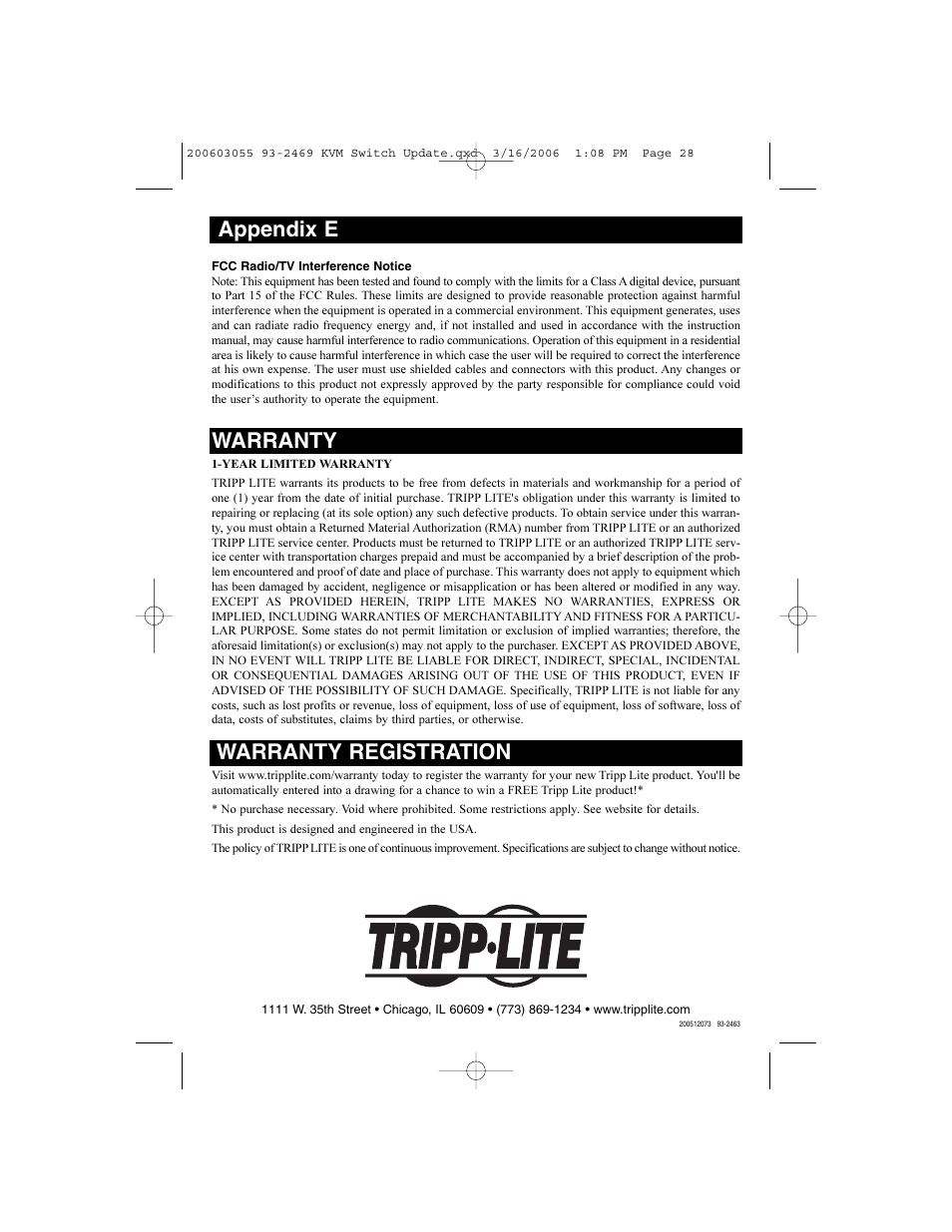 Appendix e, Warranty, Warranty registration | Tripp Lite B020-008-17 User Manual | Page 28 / 29