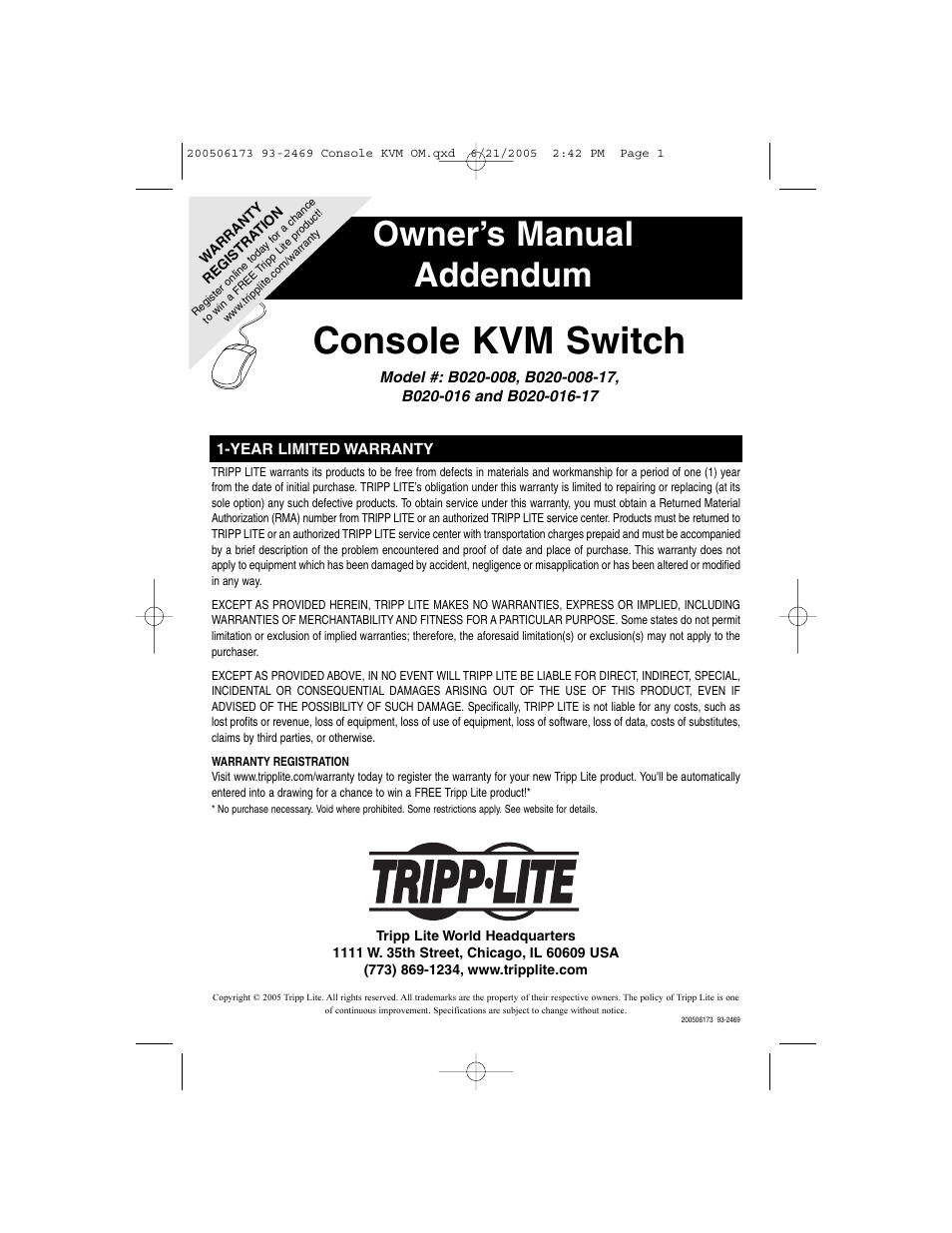 Console kvm switch, Owner’s manual addendum | Tripp Lite B020-008-17 User Manual | Page 29 / 29