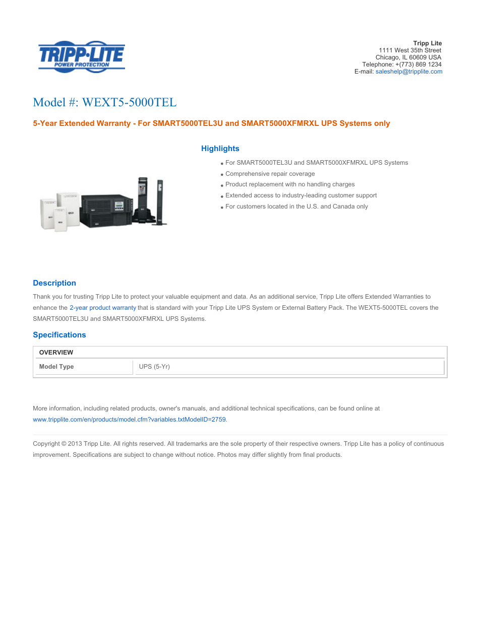 Tripp Lite WEXT5-5000TEL User Manual | 2 pages