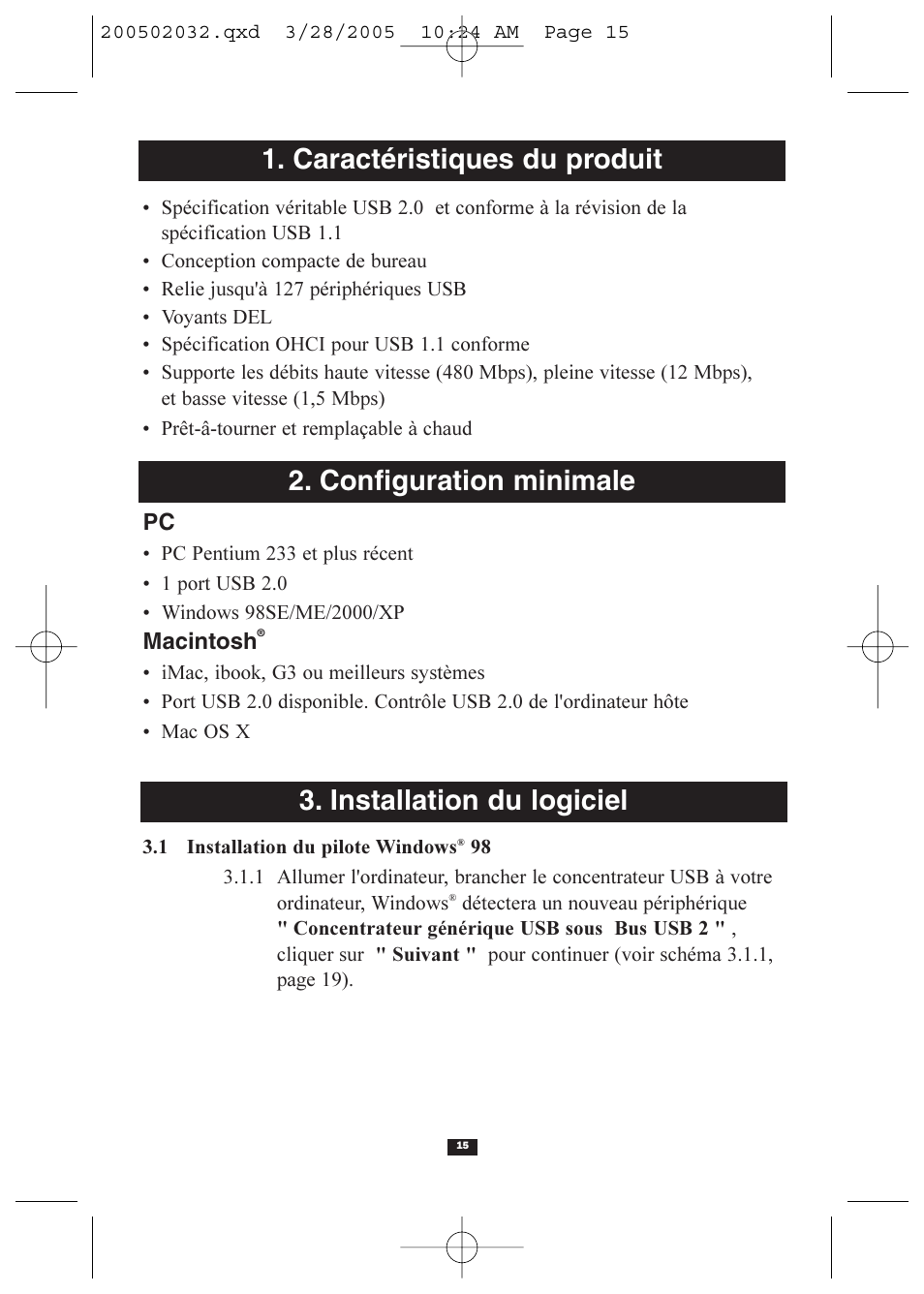 Caractéristiques du produit, Configuration minimale, Installation du logiciel | Tripp Lite U225-004-R User Manual | Page 15 / 20