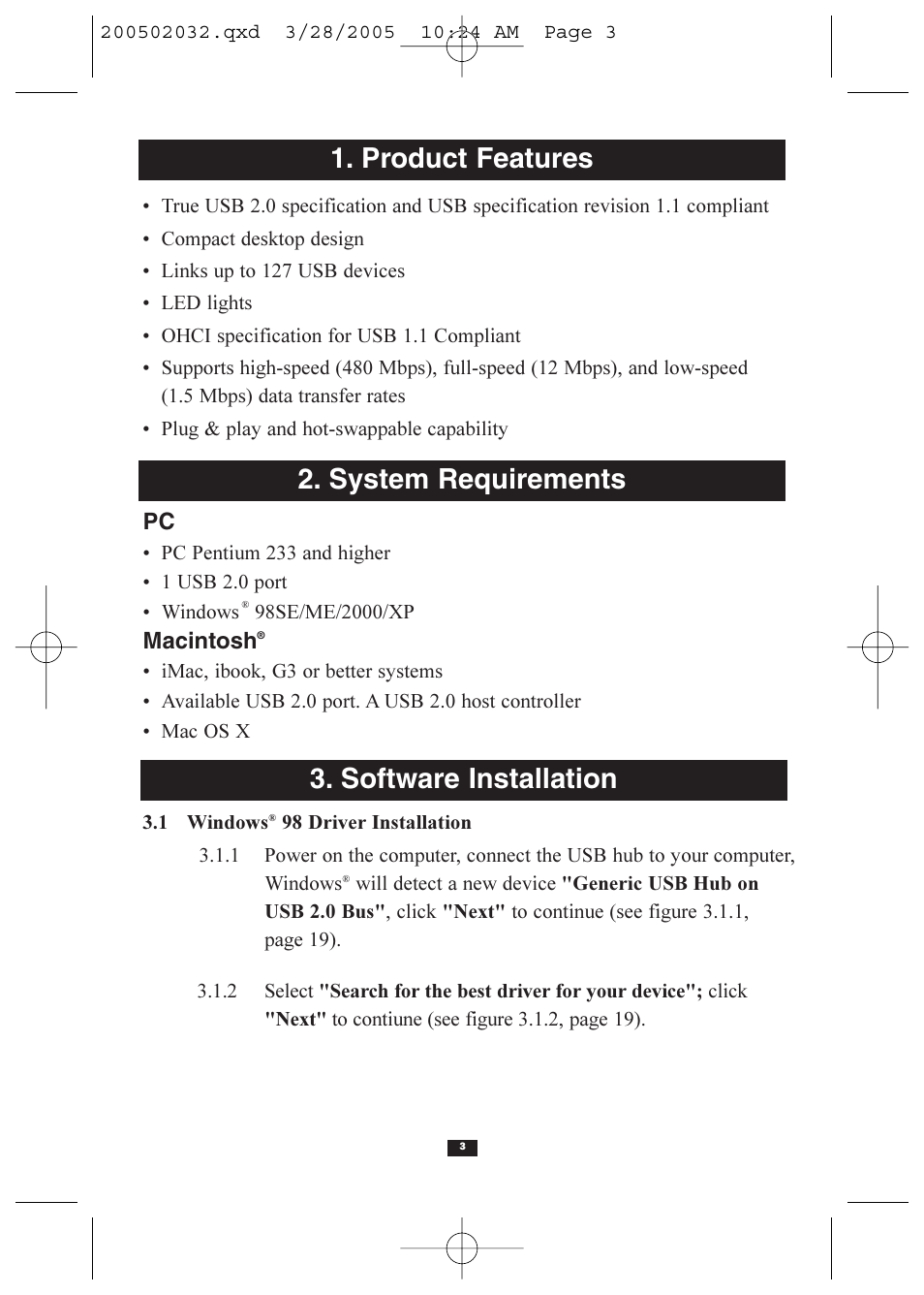 Product features, System requirements, Software installation | Tripp Lite U225-004-R User Manual | Page 3 / 20