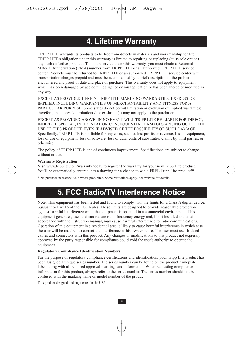 Lifetime warranty, Fcc radio/tv interference notice | Tripp Lite U225-004-R User Manual | Page 6 / 20