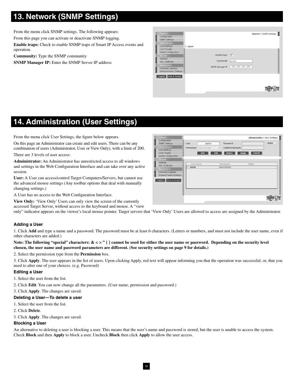 Administration (user settings), Network (snmp settings) | Tripp Lite NetCommander B070-016-19-IP User Manual | Page 10 / 30