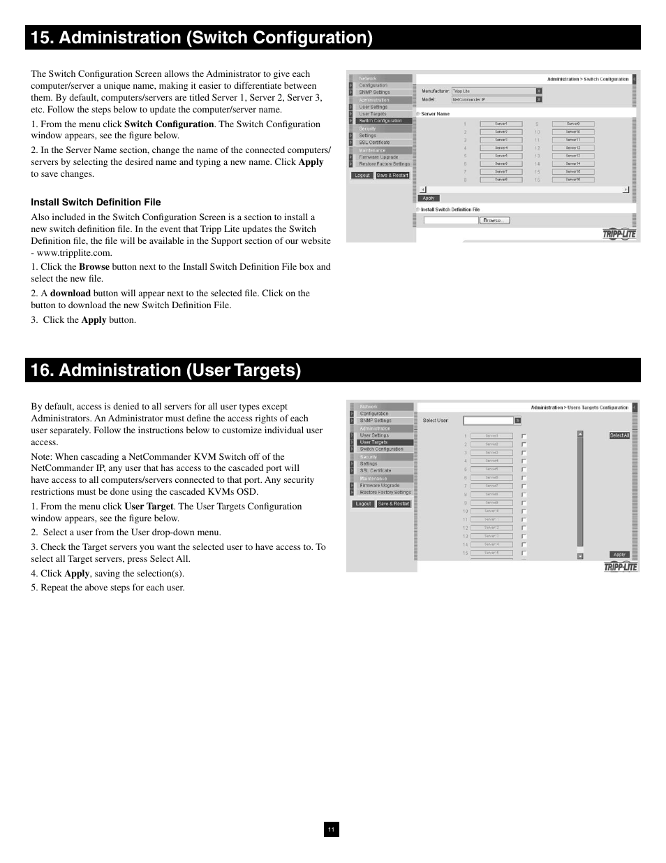 Administration (switch configuration), Administration (user targets) | Tripp Lite NetCommander B070-016-19-IP User Manual | Page 11 / 30