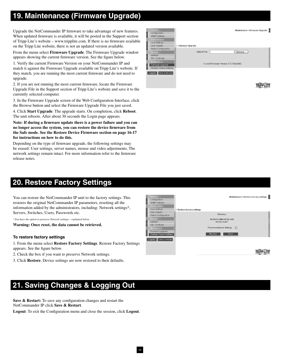 Maintenance (firmware upgrade), Restore factory settings, Saving changes & logging out | Tripp Lite NetCommander B070-016-19-IP User Manual | Page 13 / 30