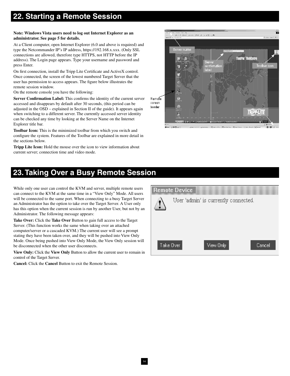 Starting a remote session, Taking over a busy remote session | Tripp Lite NetCommander B070-016-19-IP User Manual | Page 14 / 30
