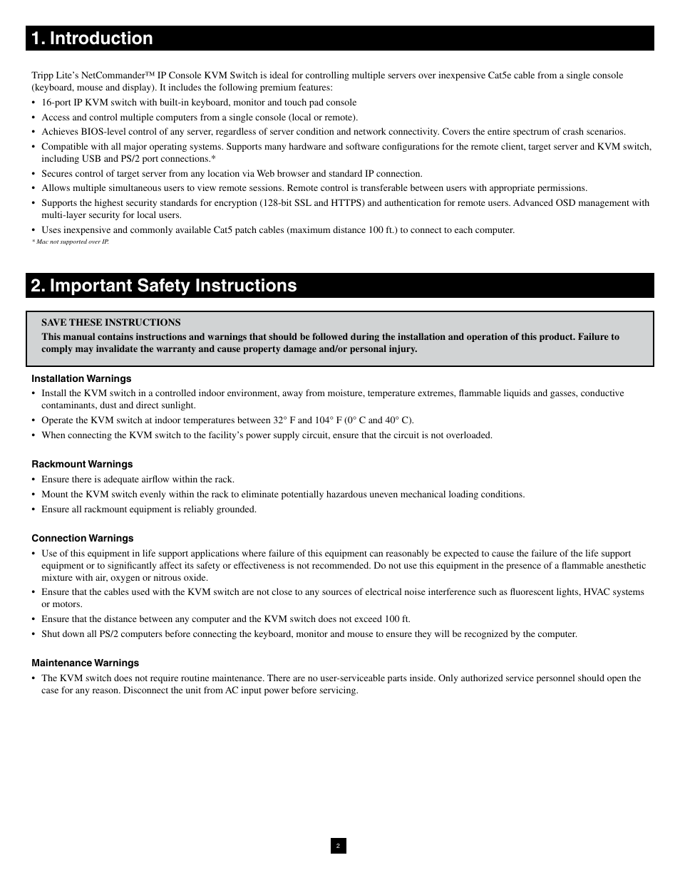 Introduction, Important safety instructions | Tripp Lite NetCommander B070-016-19-IP User Manual | Page 2 / 30