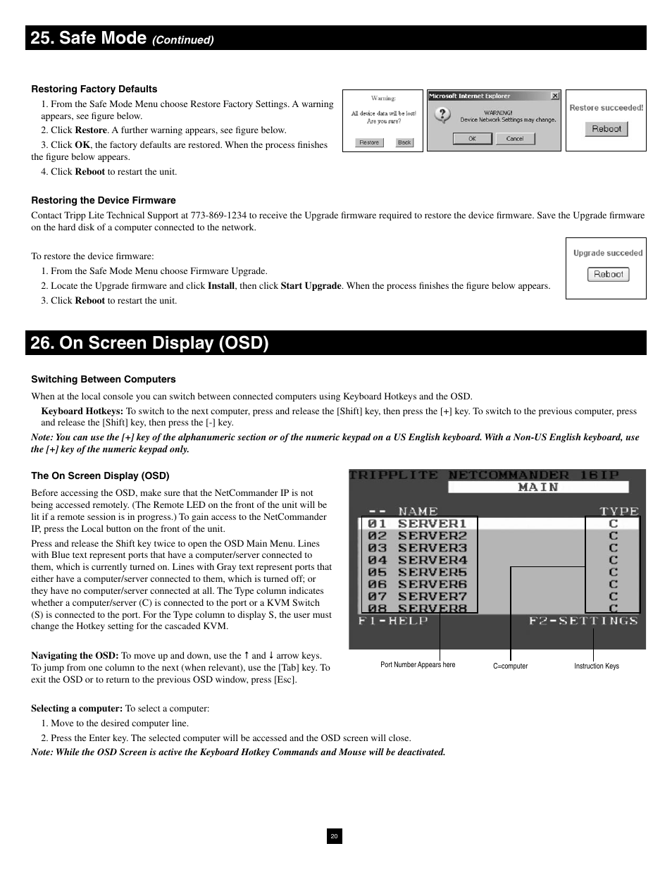 Safe mode, On screen display (osd) | Tripp Lite NetCommander B070-016-19-IP User Manual | Page 20 / 30