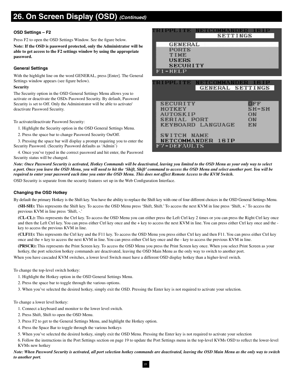 On screen display (osd) | Tripp Lite NetCommander B070-016-19-IP User Manual | Page 21 / 30