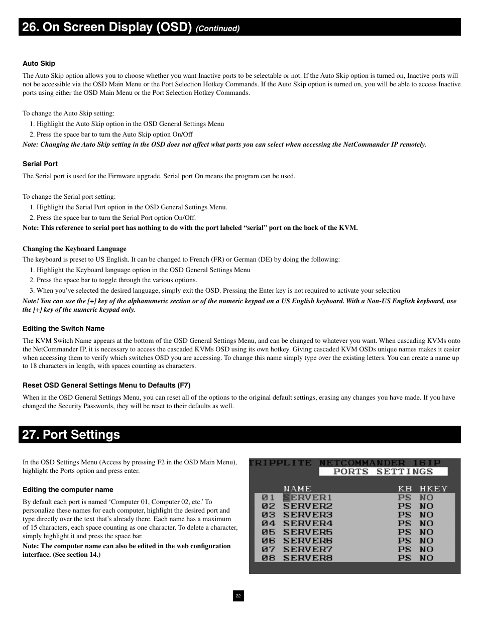 On screen display (osd), Port settings | Tripp Lite NetCommander B070-016-19-IP User Manual | Page 22 / 30