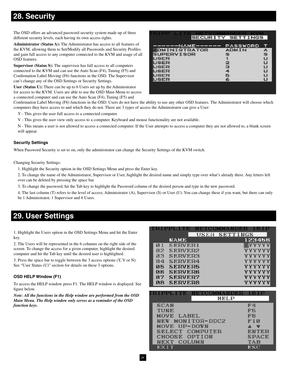 Security, User settings | Tripp Lite NetCommander B070-016-19-IP User Manual | Page 24 / 30