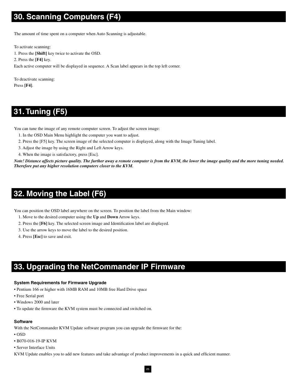 Scanning computers (f4), Tuning (f5), Moving the label (f6) | Upgrading the netcommander ip firmware | Tripp Lite NetCommander B070-016-19-IP User Manual | Page 25 / 30