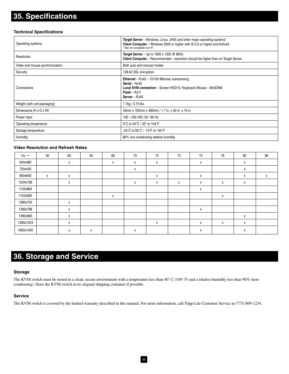 Specifications, Storage and service | Tripp Lite NetCommander B070-016-19-IP User Manual | Page 29 / 30