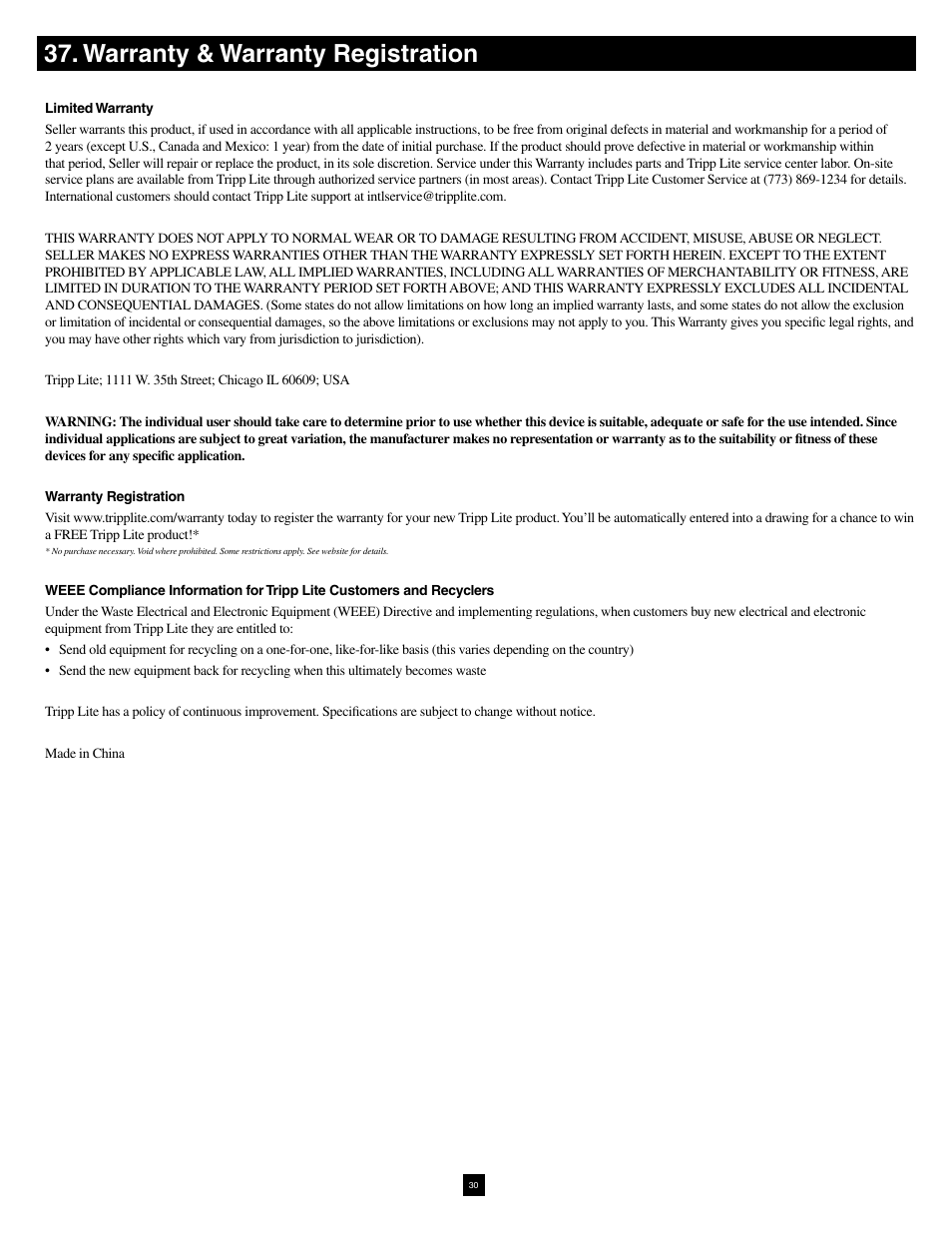 Warranty & warranty registration | Tripp Lite NetCommander B070-016-19-IP User Manual | Page 30 / 30