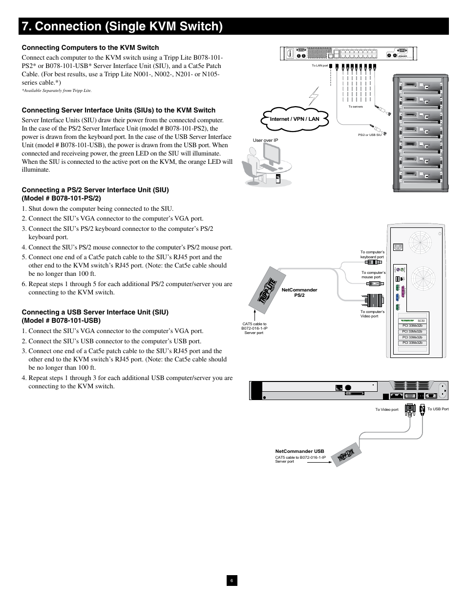 Connection (single kvm switch) | Tripp Lite NetCommander B070-016-19-IP User Manual | Page 6 / 30
