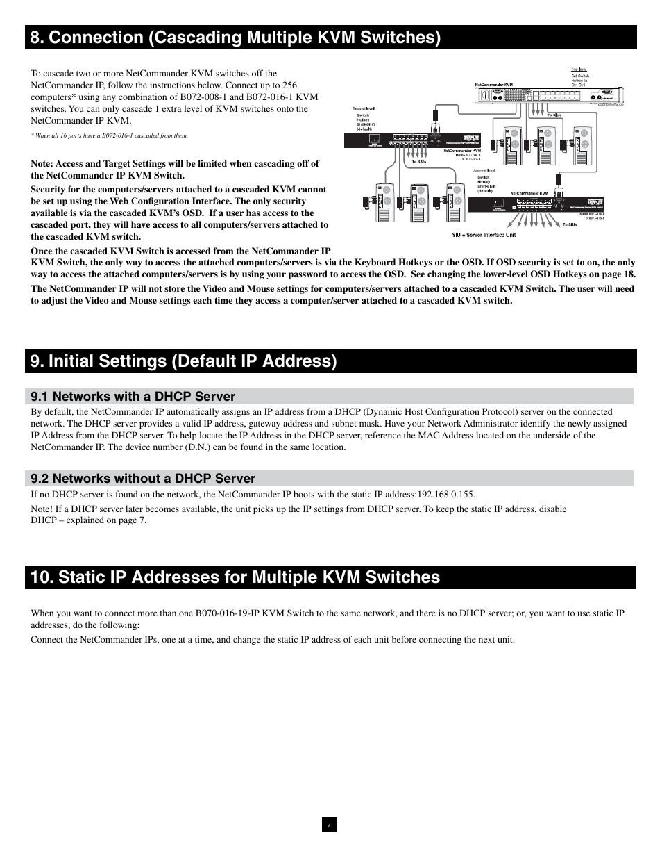 Connection (cascading multiple kvm switches), Initial settings (default ip address), Static ip addresses for multiple kvm switches | 1 networks with a dhcp server, 2 networks without a dhcp server | Tripp Lite NetCommander B070-016-19-IP User Manual | Page 7 / 30