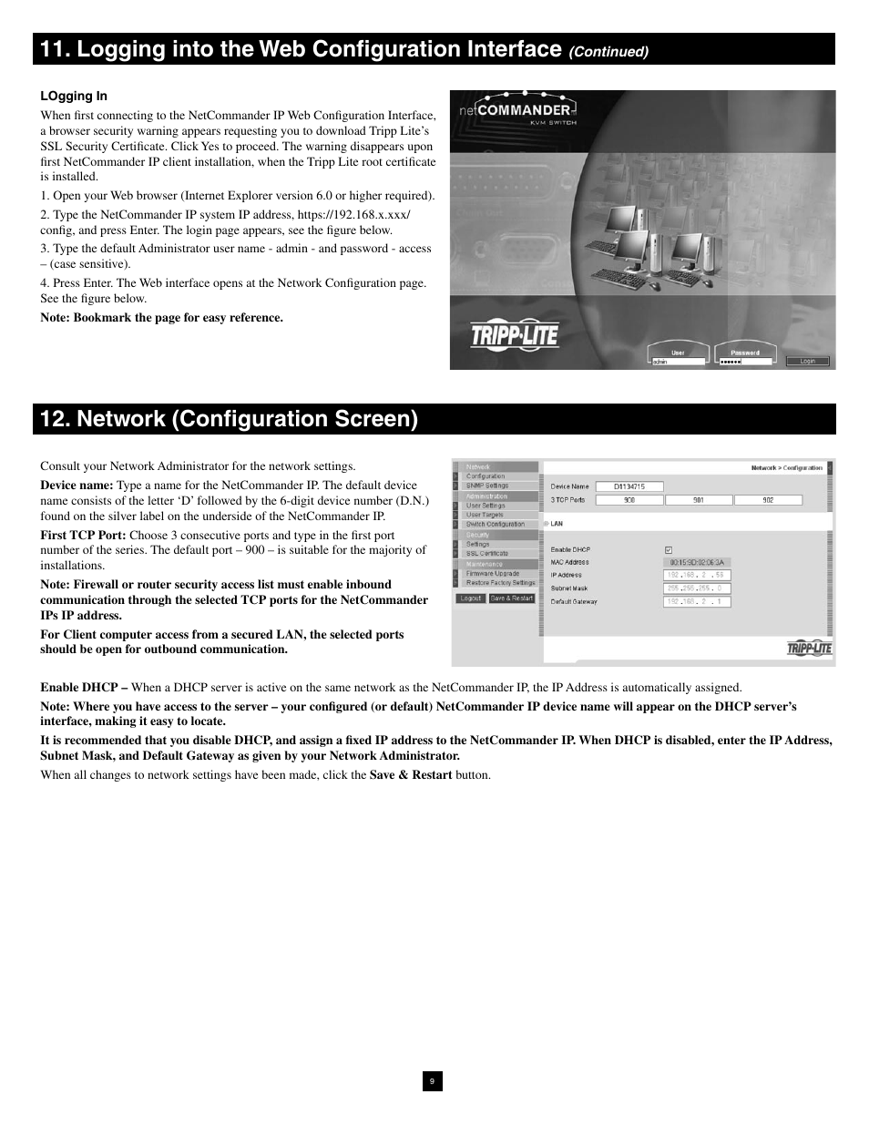 Logging into the web configuration interface, Network (configuration screen) | Tripp Lite NetCommander B070-016-19-IP User Manual | Page 9 / 30