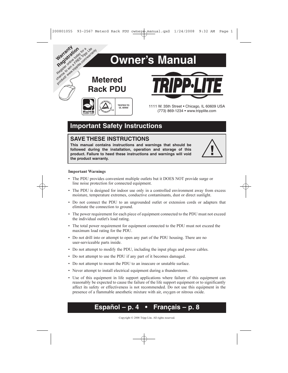Tripp Lite Metered Rack PDU User Manual | 4 pages