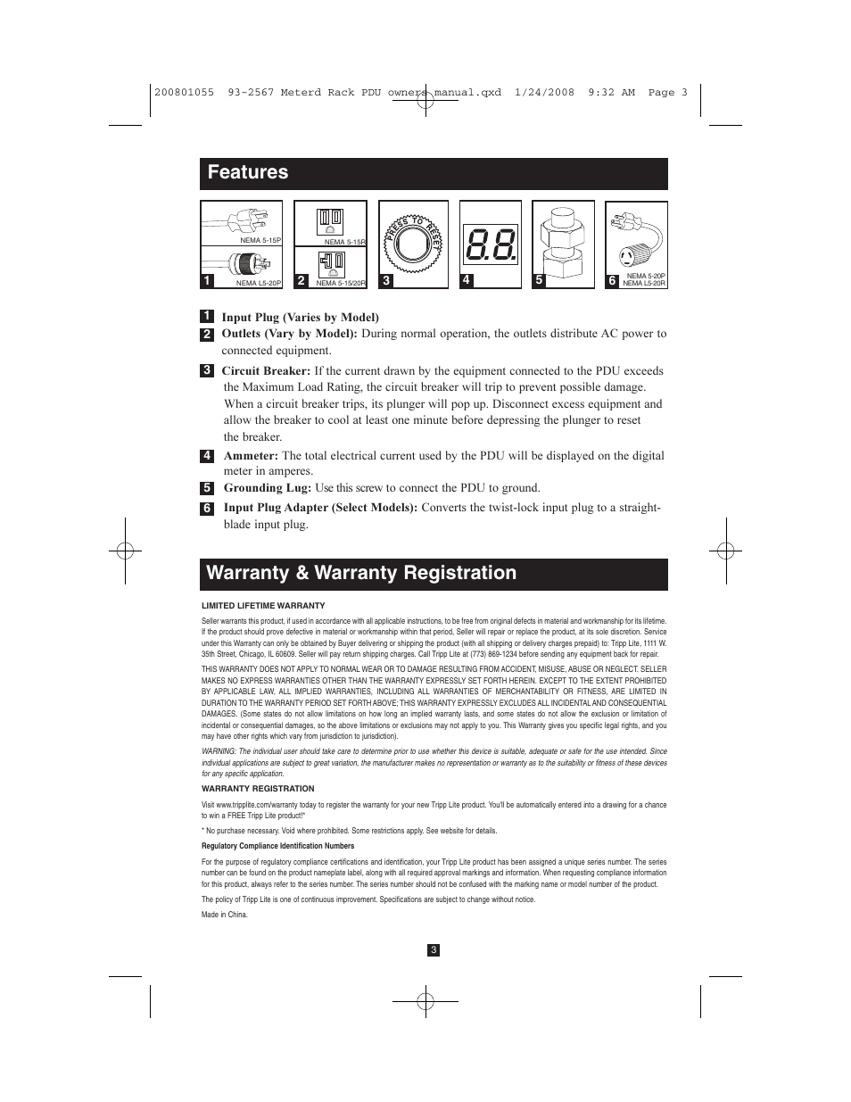 Features, Warranty & warranty registration | Tripp Lite Metered Rack PDU User Manual | Page 3 / 4